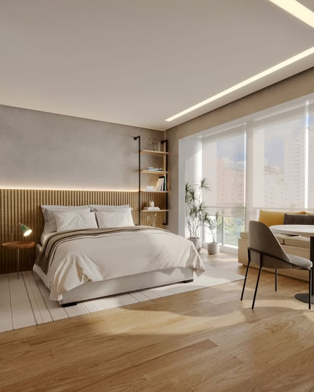 Quarto com madeira, iluminação acolhedora e bem-estar